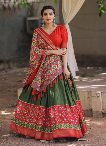 Foil Print Mehendi Green Dola Silk Lehenga Choli For Women